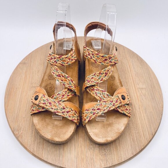 Taos Trulie Sandals Womens 7/7.5 Tan Leather Ankle Strap Orthotic Flats Peep - Picture 2 of 11